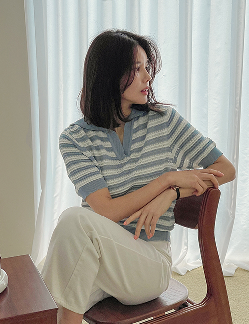 Cool horizontal striped Collar Short-sleeve Knitwear Korea