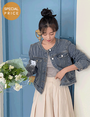 [Planning] Lady No Collar Denim Jacket Korea