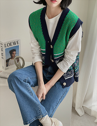 Unia Color Matching Knitwear Vest Korea