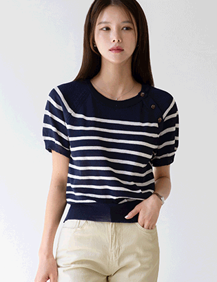 Linen neck button horizontal striped Short-sleeve Knitwear Korea