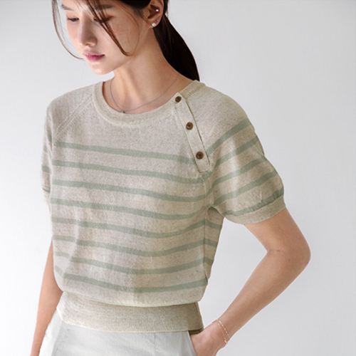 Linen neck button horizontal striped Short-sleeve Knitwear