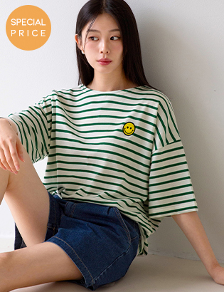 [Planning] Smile horizontal striped Short-sleeve T-shirt Korea