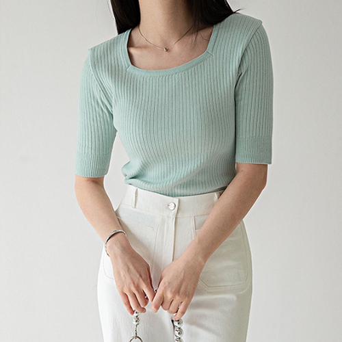 Ribbed square neck short-sleeved knitwear