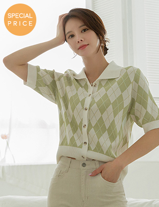 Argyle Short-Sleeved Knitwear Cardigan Korea