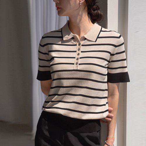 Horizontal striped Open Collar Knitwear