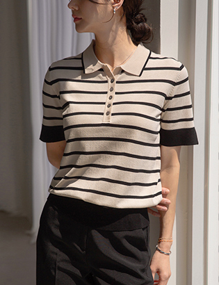 Horizontal striped Open Collar Knitwear Korea