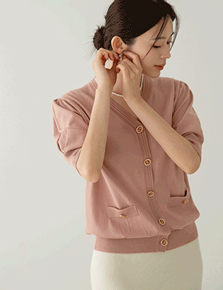 Puff gold button short-sleeved cardigan Korea