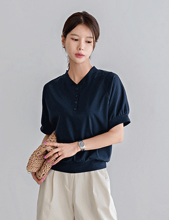 Henry neck button short-sleeved sweatshirt Korea