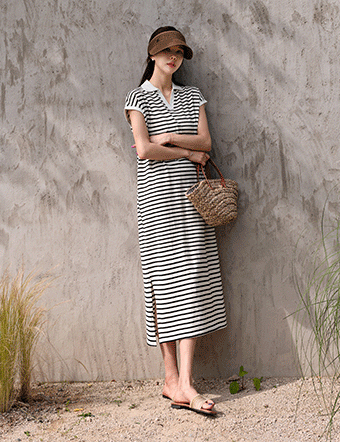 Cap Sleeve Collar horizontal striped Long Dress Korea