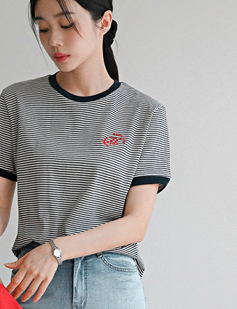 Marine Stripe Color Matching Short-sleeve T-shirt Korea
