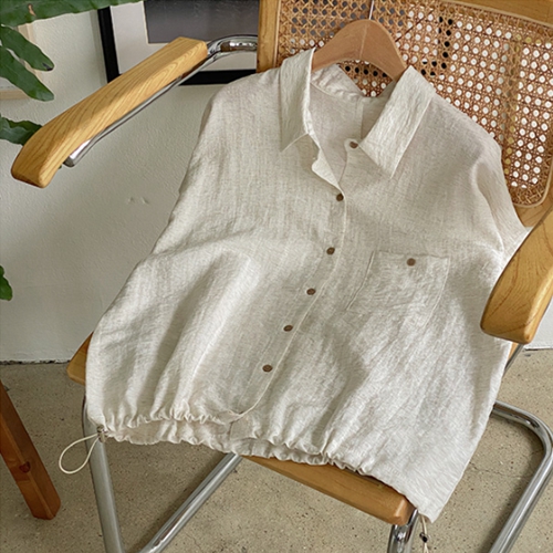 Hem String Linen Short-Sleeved Shirt