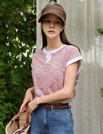 Neck Slit Line Cap Sleeve T-shirt Korea