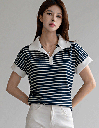 Collar Stripe Cap-sleeve T-shirt Korea
