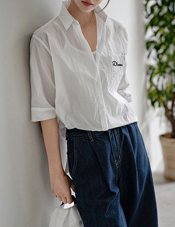 Rustling Pocket Embroidery Short-sleeve Shirt Korea