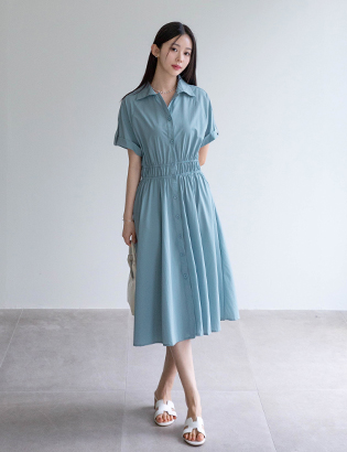 J Shirring Roll-Up Collar Dress Korea