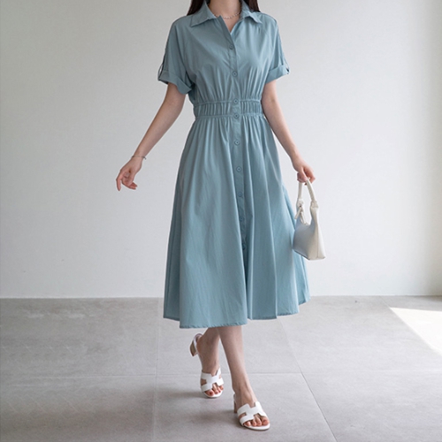 J Shirring Roll-Up Collar Dress