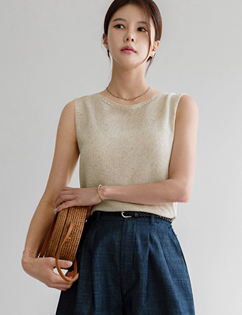 Linen Round Knit Sleeveless Shirt Korea