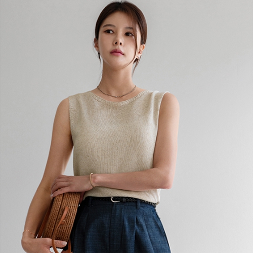 Linen Round Knit Sleeveless Shirt