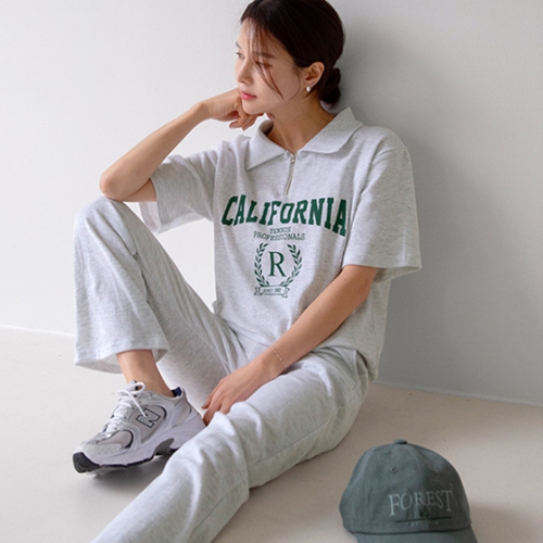 Semi Zip-up Short-sleeve Pants Set