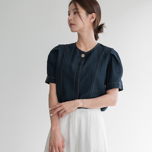 Hidden Button Stitch Linen Blouse