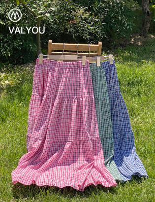 [valyou] Vely Check Cancan Banding Skirt Korea