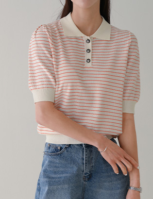 Stripe Collar Short-sleeve Knitwear Korea