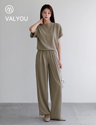 [valyou] Embossed wide banding pants set Korea