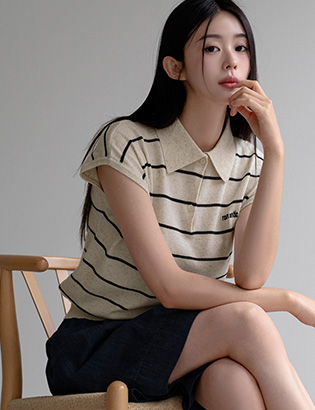 Daily horizontal striped Linen Collar Knitwear Korea