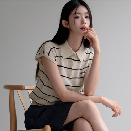 Daily horizontal striped Linen Collar Knitwear