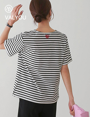 [valyou] Heart embroidery horizontal striped Short-sleeve T-shirt Korea
