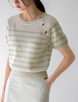 Linen neck button horizontal striped Short-sleeve Knitwear Korea
