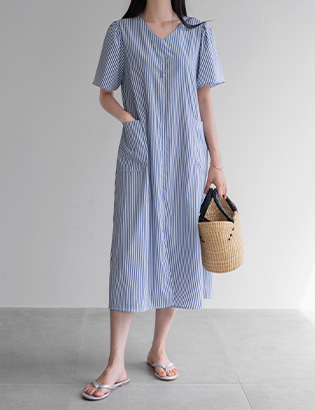 Pocket V-neck Stripe Dress Korea
