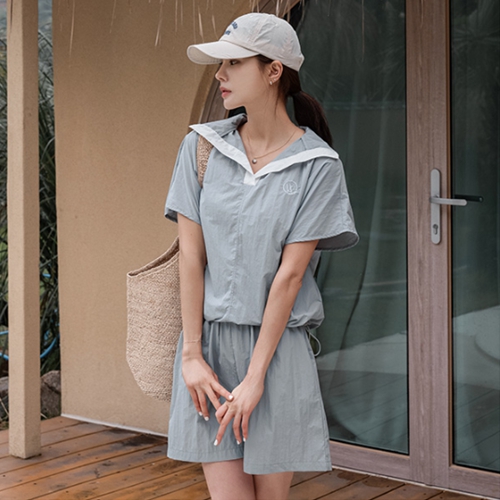 Color Matching Collar Anorak Shorts Set