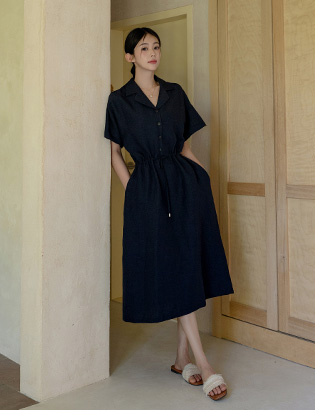 Rollup string Collar Linen Dress Korea