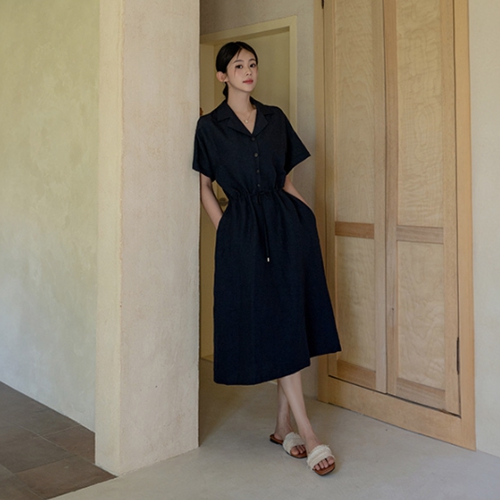 Rollup string Collar Linen Dress