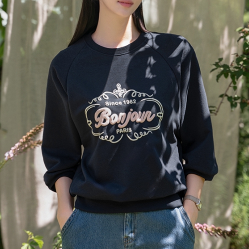 Bonjour three-dimensional print 3/4 sleeve sweatshirt