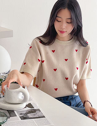 Dot heart Short-sleeve Knitwear Korea