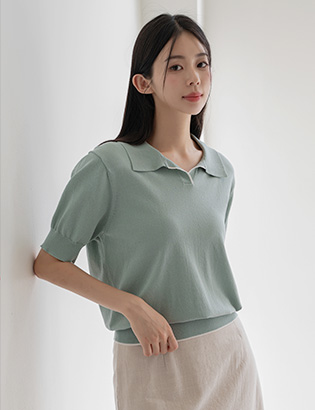 Line Color-matching Collar Short-sleeve Knitwear Korea