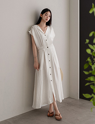 Linen Cap sleeved Open Collar Belt Set Dress Korea