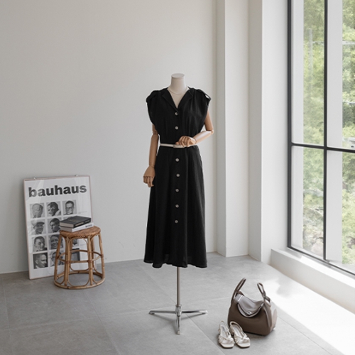 Linen Cap sleeved Open Collar Belt Set Dress