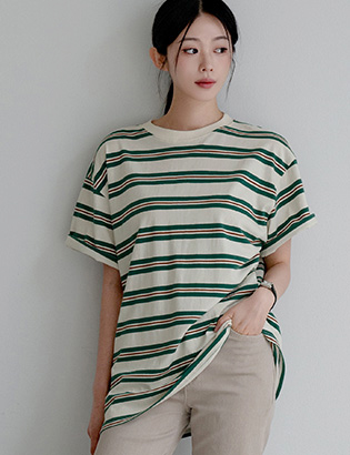 Multi horizontal striped Over Short-sleeve T-shirt Korea