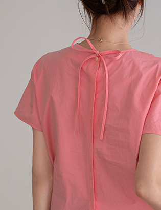 Back Ribbon Shirring Short-sleeve Blouse Korea