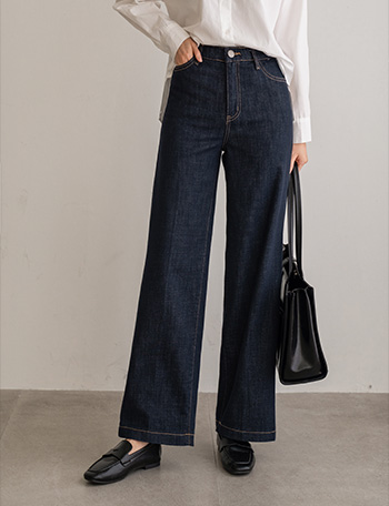 Span raw denim vertical wide wrinkle pants Korea