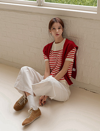 Essential  horizontal striped short-sleeved knitwear Korea