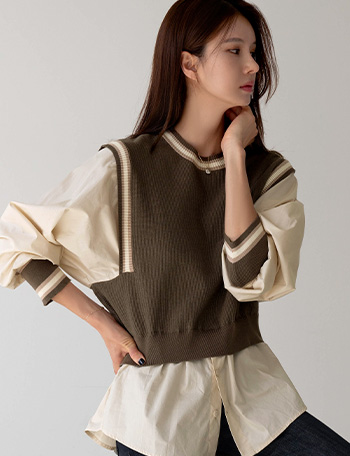 Fake Layered Knit Vest Shirt Korea