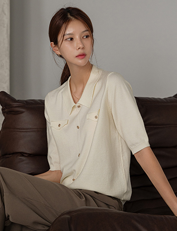 Gold Button Short-sleeve Collar Knitwear Korea