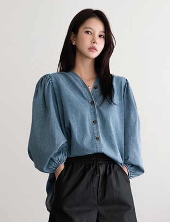 Button Point Denim Blouse Korea