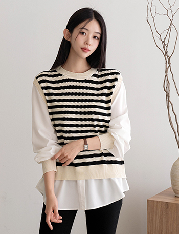 [Planning] Offen horizontal striped Knitwear Blouse Korea