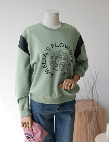 Color Matching Incision Flower Printed sweatshirt Korea