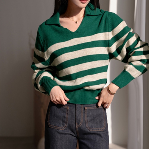 Cashmere Open Collar horizontal striped Knitwear